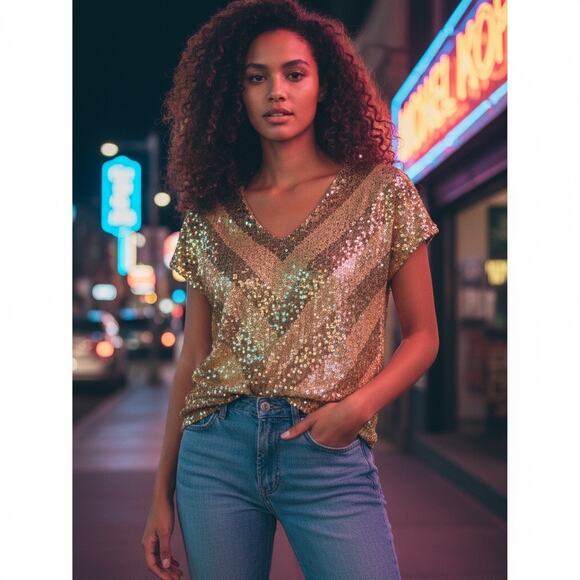 MICHAEL Michael Kors Gold Sequin Top SIZE MEDIUM Chevron Stripes Tee V-Neck - Picture 1 of 7